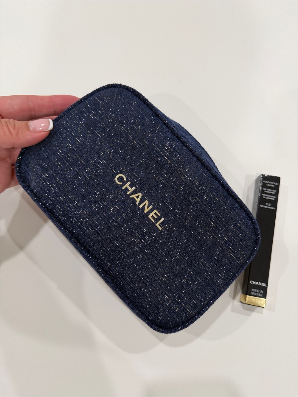 CHANEL Navy Glitter Logo Cosmetic Pouch